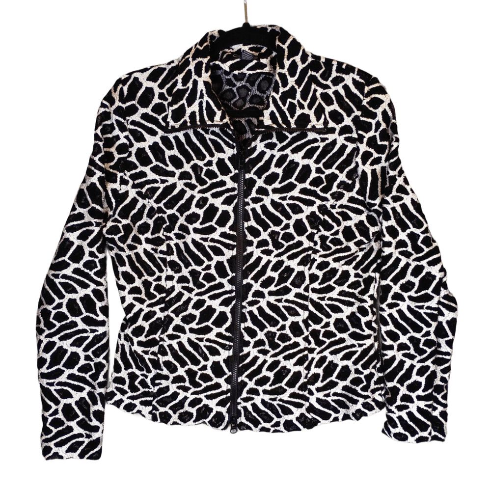 Clara S. Womens Large Sheer Mesh Animal Print Full Zip Jacket Top Black White
